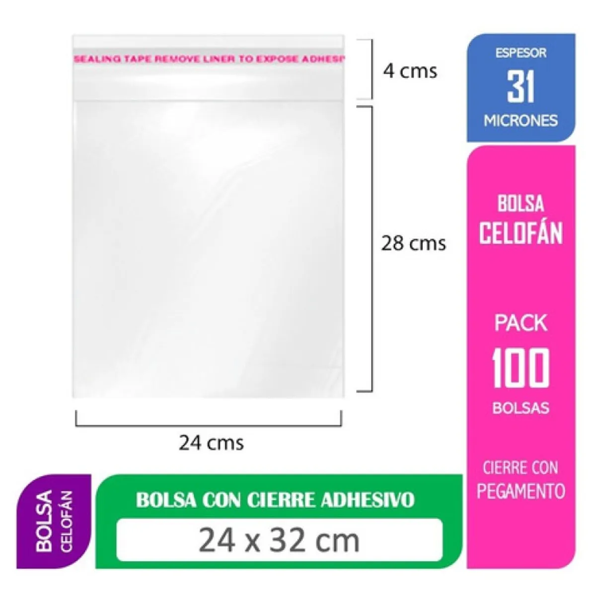 ALEMDALINDA - Bolsa Tipo Celofán Cierre Con Adhesivo 24x32 Cms 100 Unds