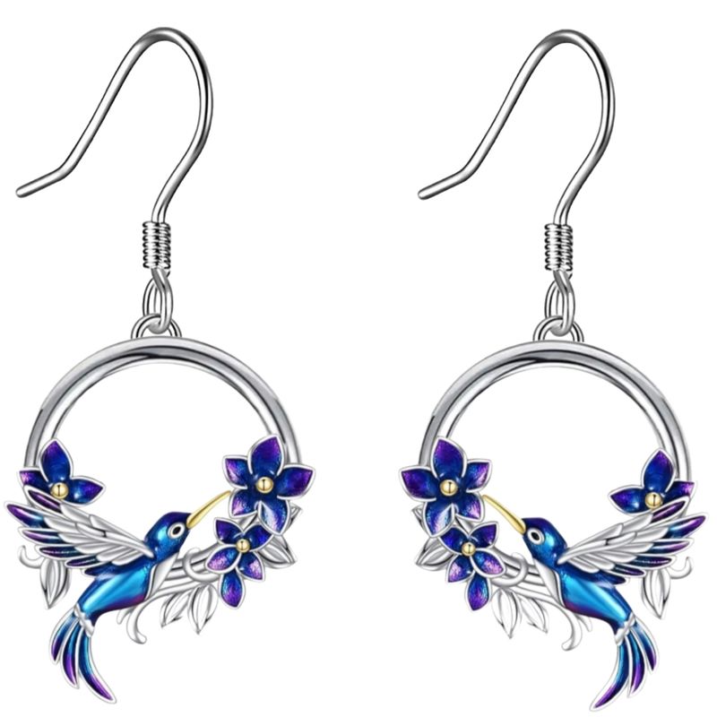 GENERICO - Aros colibrí multicolor flor plata 925 mujer joya juvenil