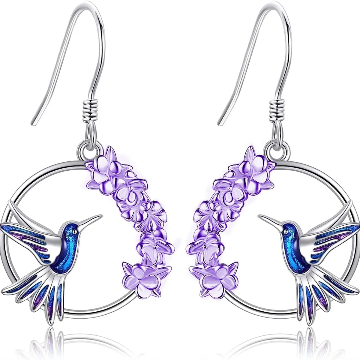 GENERICO - Aros colibrí multicolor flor lavanda plata 925 mujer joya juvenil