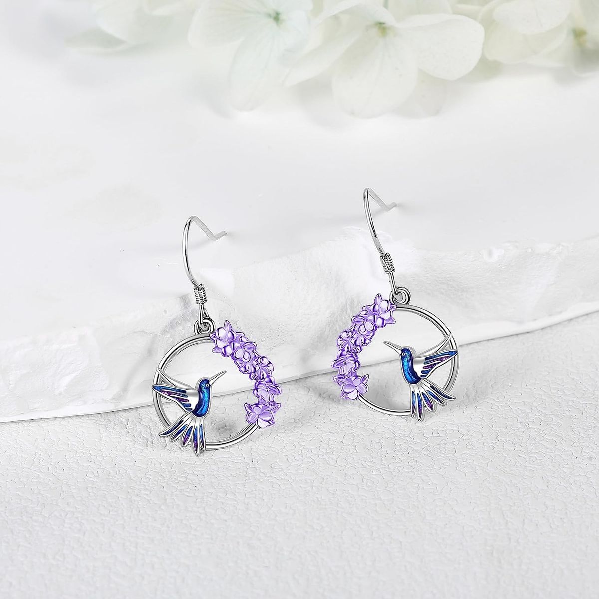 GENERICO - Aros colibrí multicolor flor lavanda plata 925 mujer joya juvenil