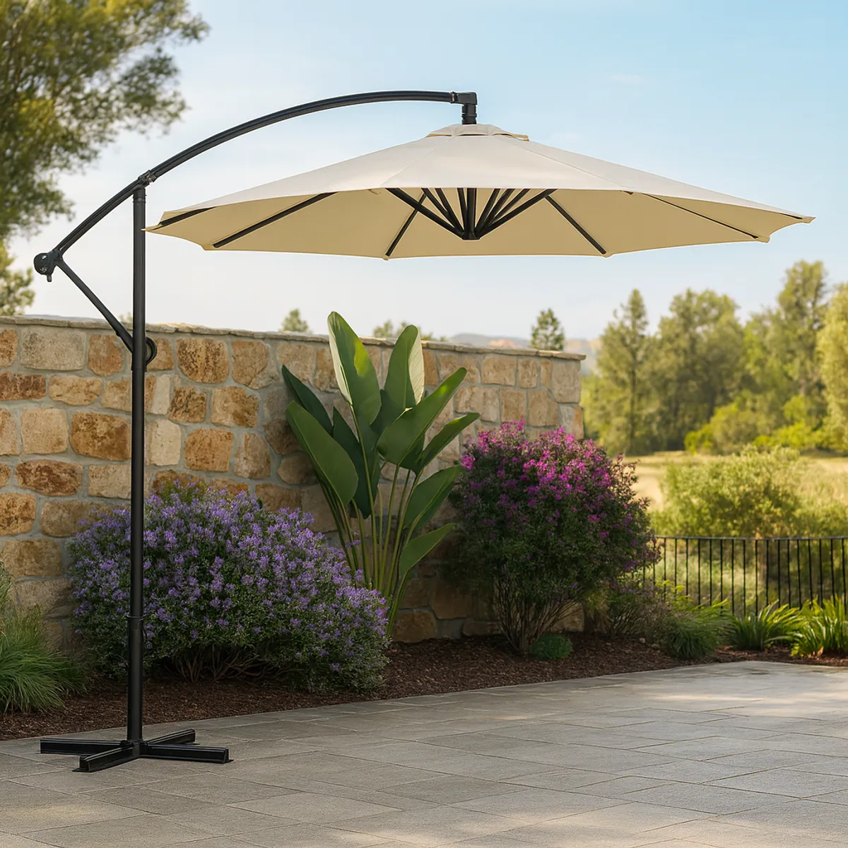 JAVIMATE - Quitasol Lateral Beige 3mt Soporte Pedestal Extendible Uv