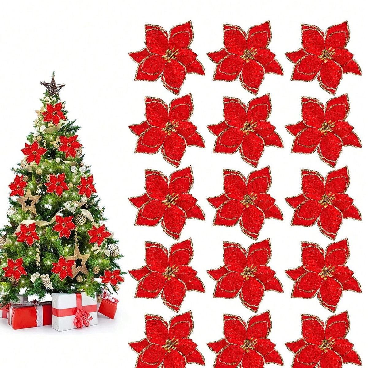 VATYERTY - 12 Piezas 13cm Flor Artificial De Decoración Del Árbol Navidad Dorada