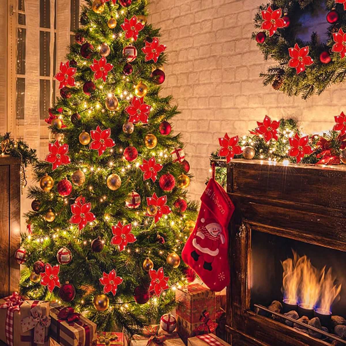 VATYERTY - 12 Piezas 13cm Flor Artificial De Decoración Del Árbol Navidad Dorada