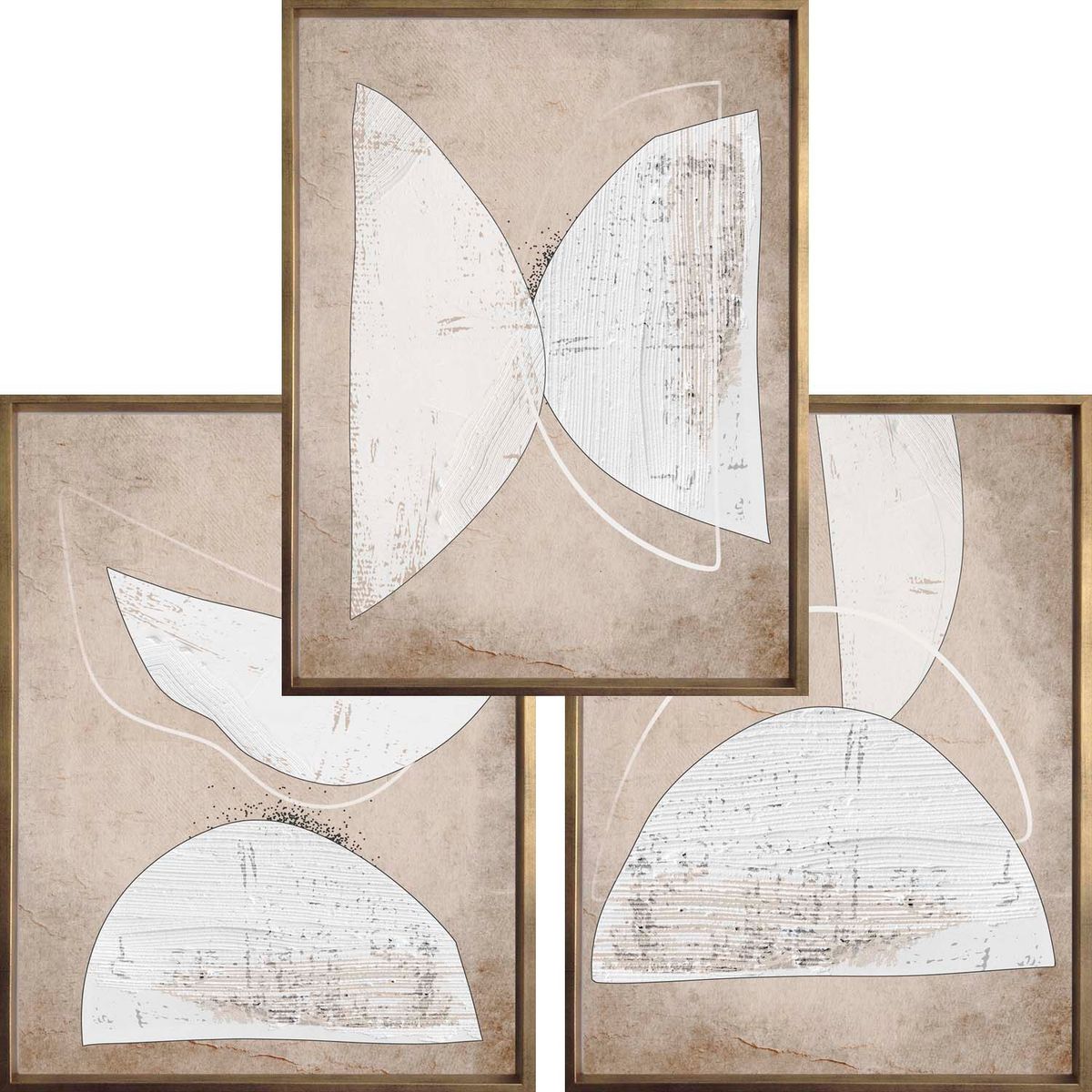 PAPEL ILUSTRADO - Set Semi circulos en blanco y beige 40x50 Marco Dorado