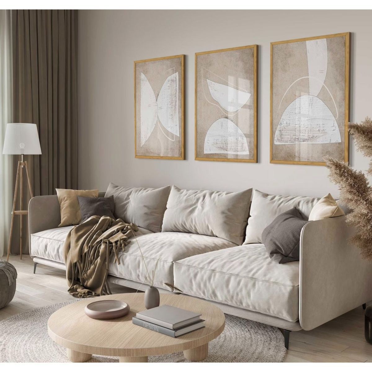 PAPEL ILUSTRADO - Set Semi circulos en blanco y beige 40x50 Marco Dorado