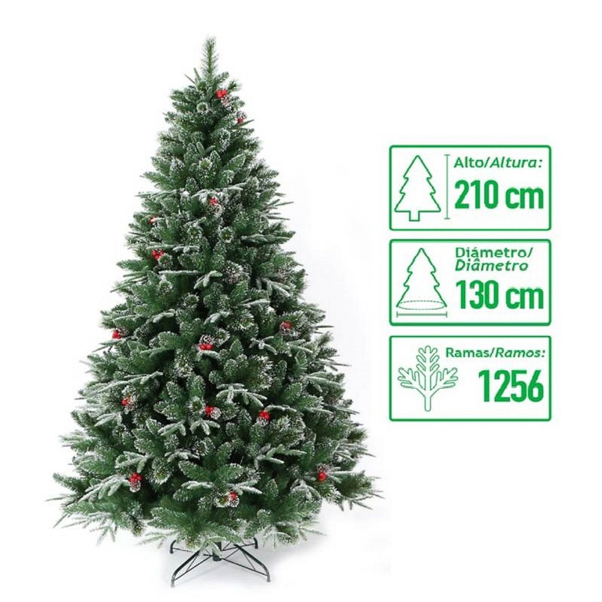 GENERICO - arbol navidad frondoso frutos rojos berries y conos navideños 210cm