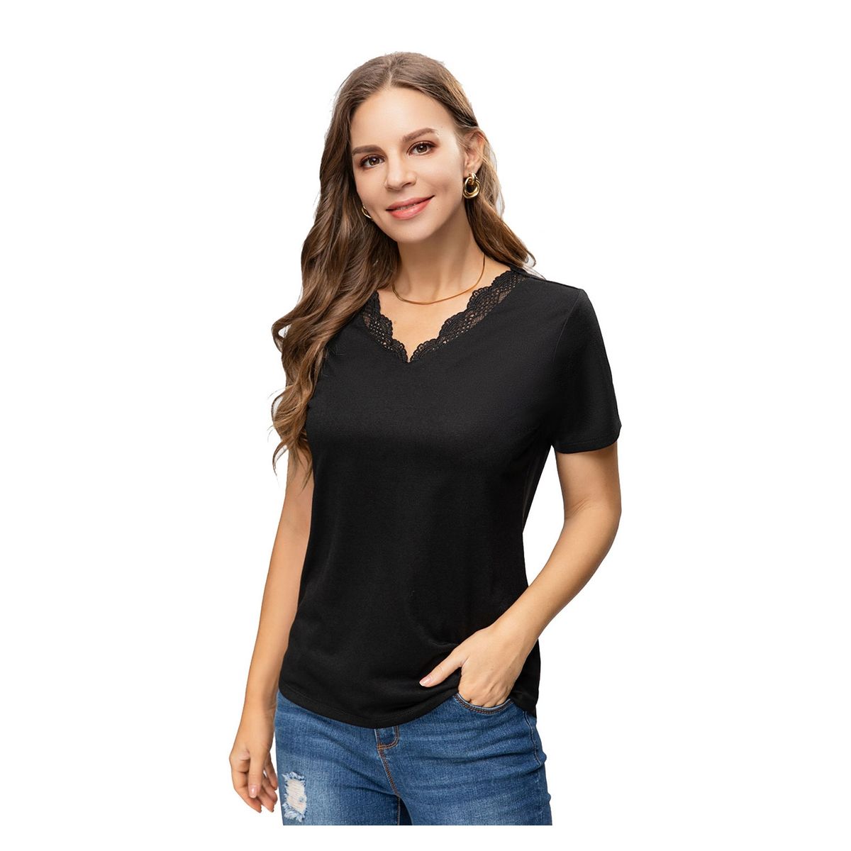 FASHION'S PARK - Polera Mujer Escote Con Aplicación Encaje Negro Fashion's Park