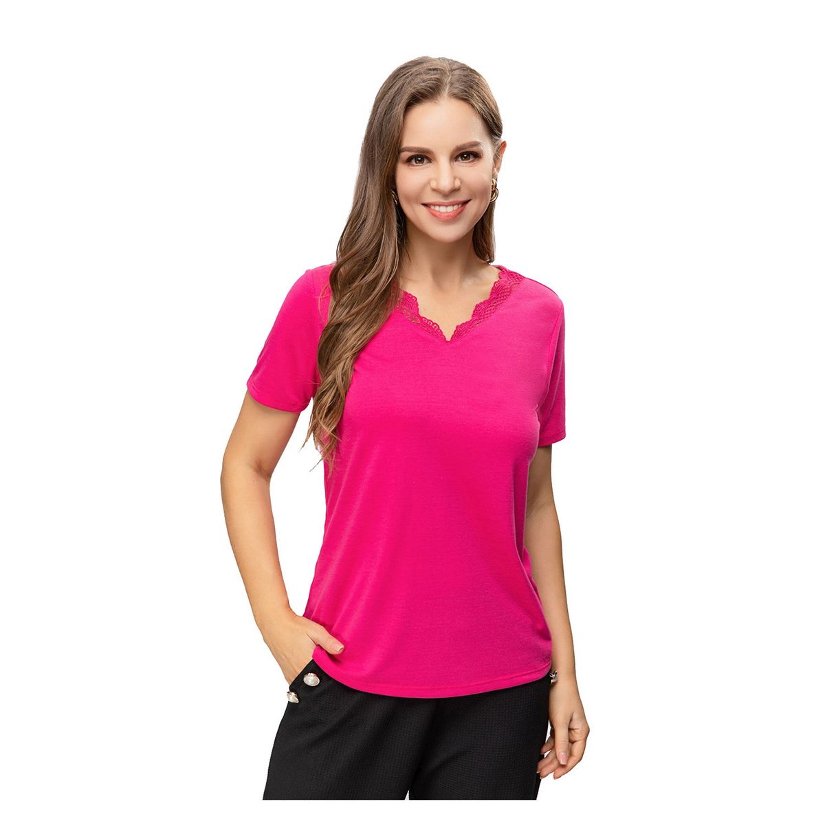 FASHION'S PARK - Polera Mujer Escote Con Aplicación Encaje Fucsia Fashion's Park