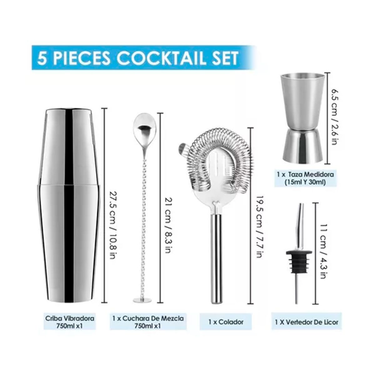 GENERICO - Kit De Utensilios De Bar Inoxidable 5 Pcs