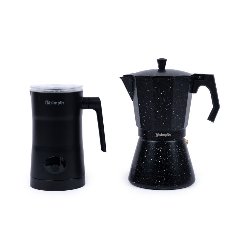 SIMPLIT - Pack Cafetera Italiana 4 Tz + Espumador 4 en 1 Negro Simplit