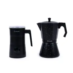 SIMPLIT - Pack Cafetera Italiana 4 Tz + Espumador 4 en 1 Negro