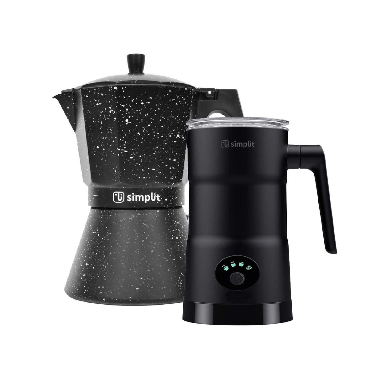 SIMPLIT - Pack Cafetera Italiana 12 Tz +Espumador 4 en 1 Negro Simplit