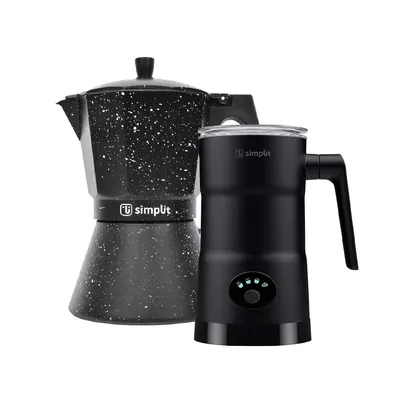 Simplit Pack Cafetera Italiana 12 Tz +Espumador 4 En 1 Negro