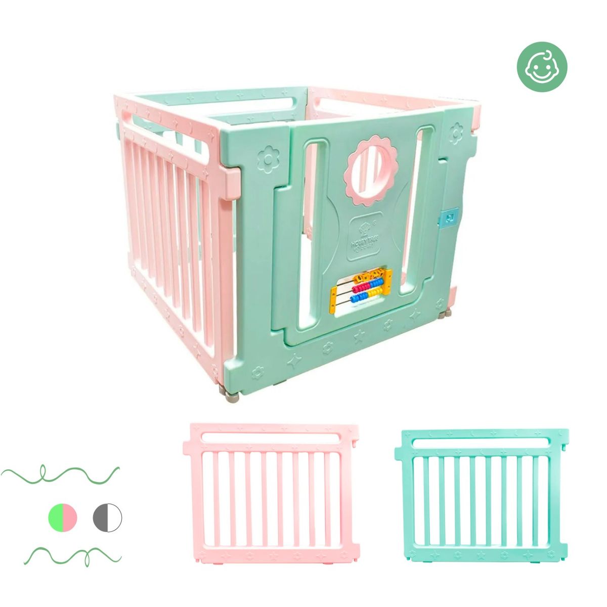 LUMAX - Corral Para Bebe Con 4 Paredes y Puerta Rosado y Verde