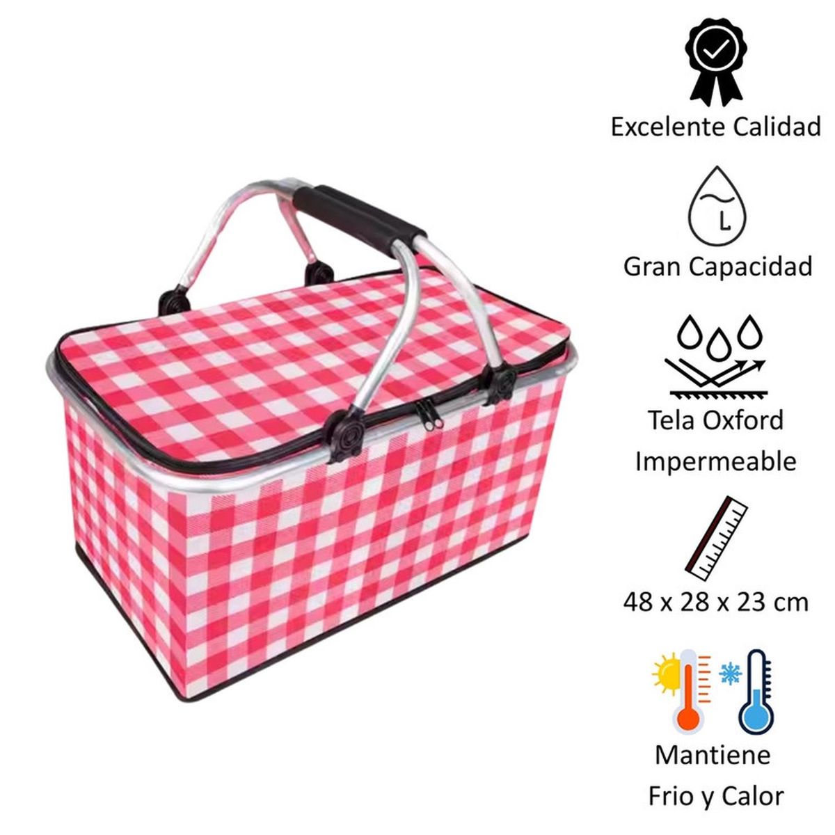 AUCKLAND OUTDOOR - Bolso Termico Plegable Cuadros Rojos Cooler Canasta Picnic