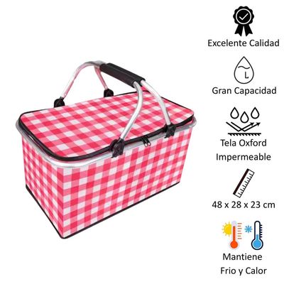 Imagen 2 del producto Bolso Termico Plegable Cuadros Rojos Cooler Canasta Picnic