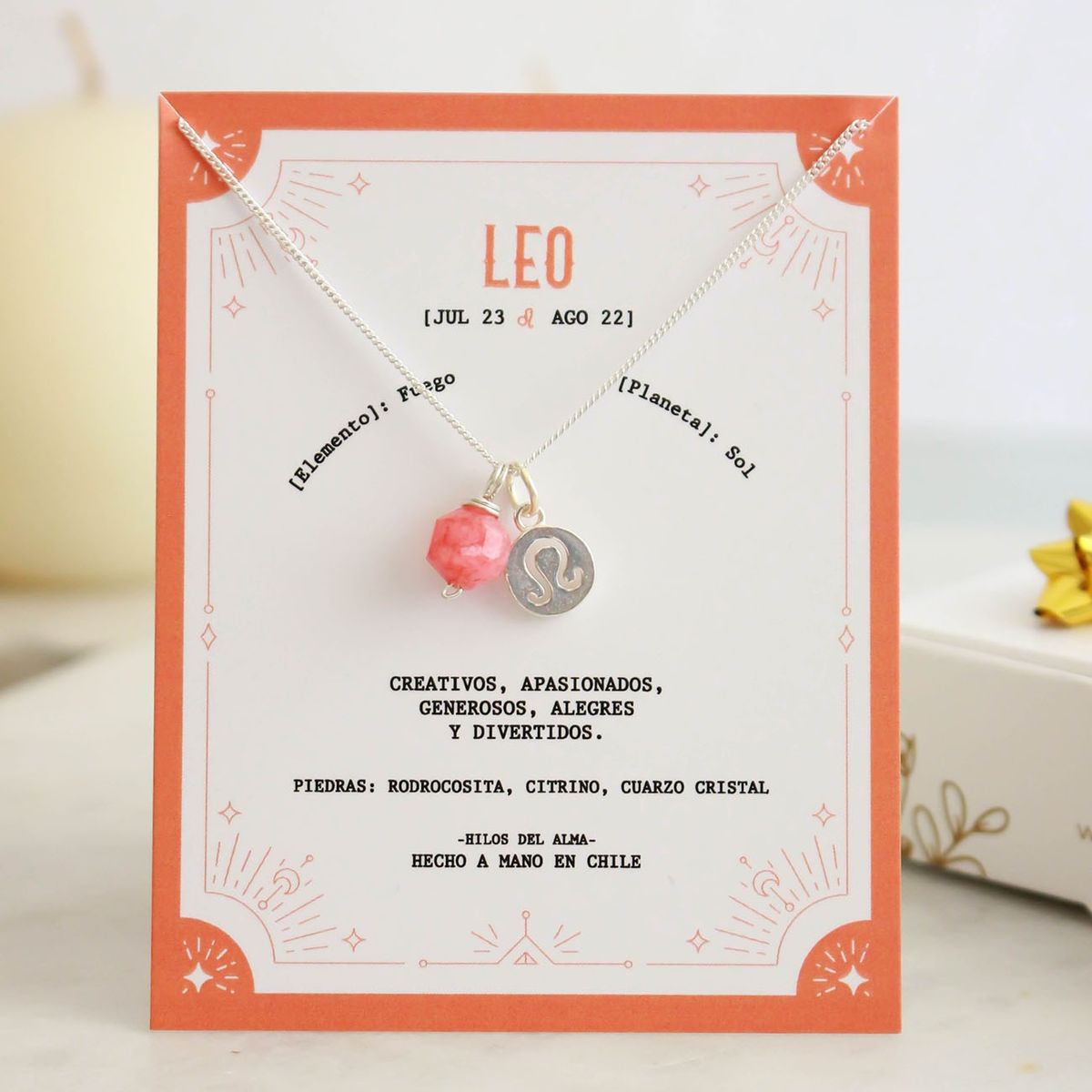 GENERICO - Collar de Plata 925 con piedra natural Rodrocosita del signo Leo