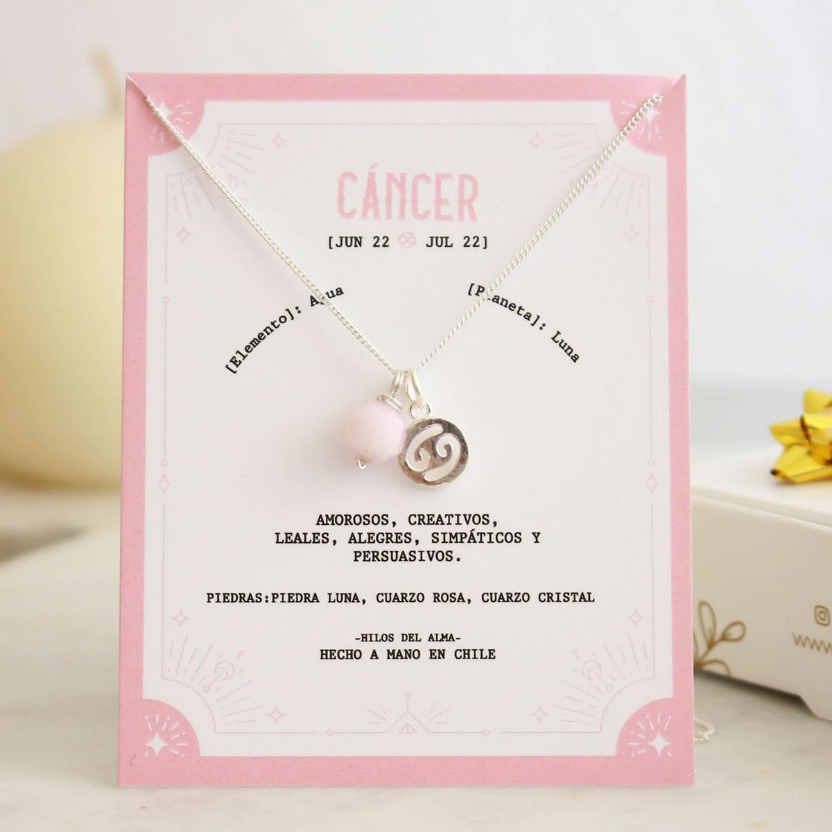 GENERICO - Collar de Plata 925 con piedra natural Cuarzo Rosa del signo Cáncer