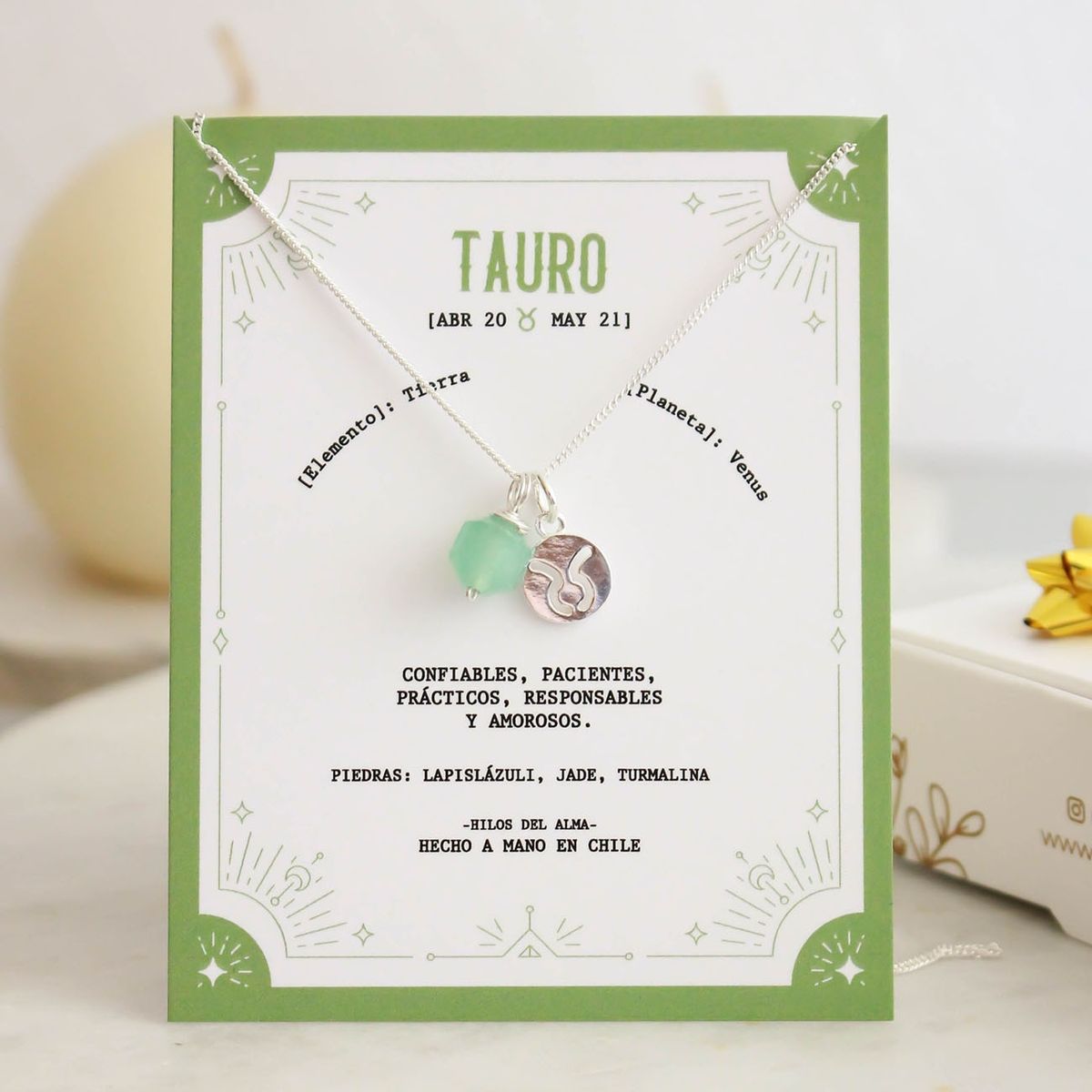 GENERICO - Collar de Plata 925 con piedra natural Jade del signo Tauro