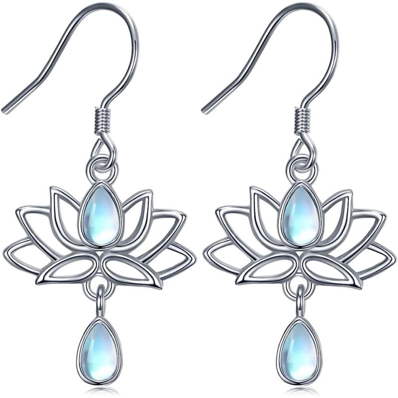 GENERICO - Aros flor de loto piedra luna plata 925 mujer joya juvenil