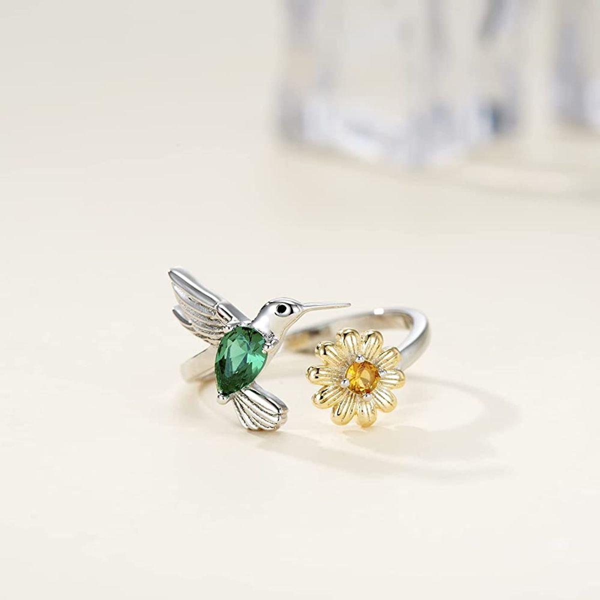 GENERICO - Anillo colibrí girasol plata 925 ajustable mujer joya
