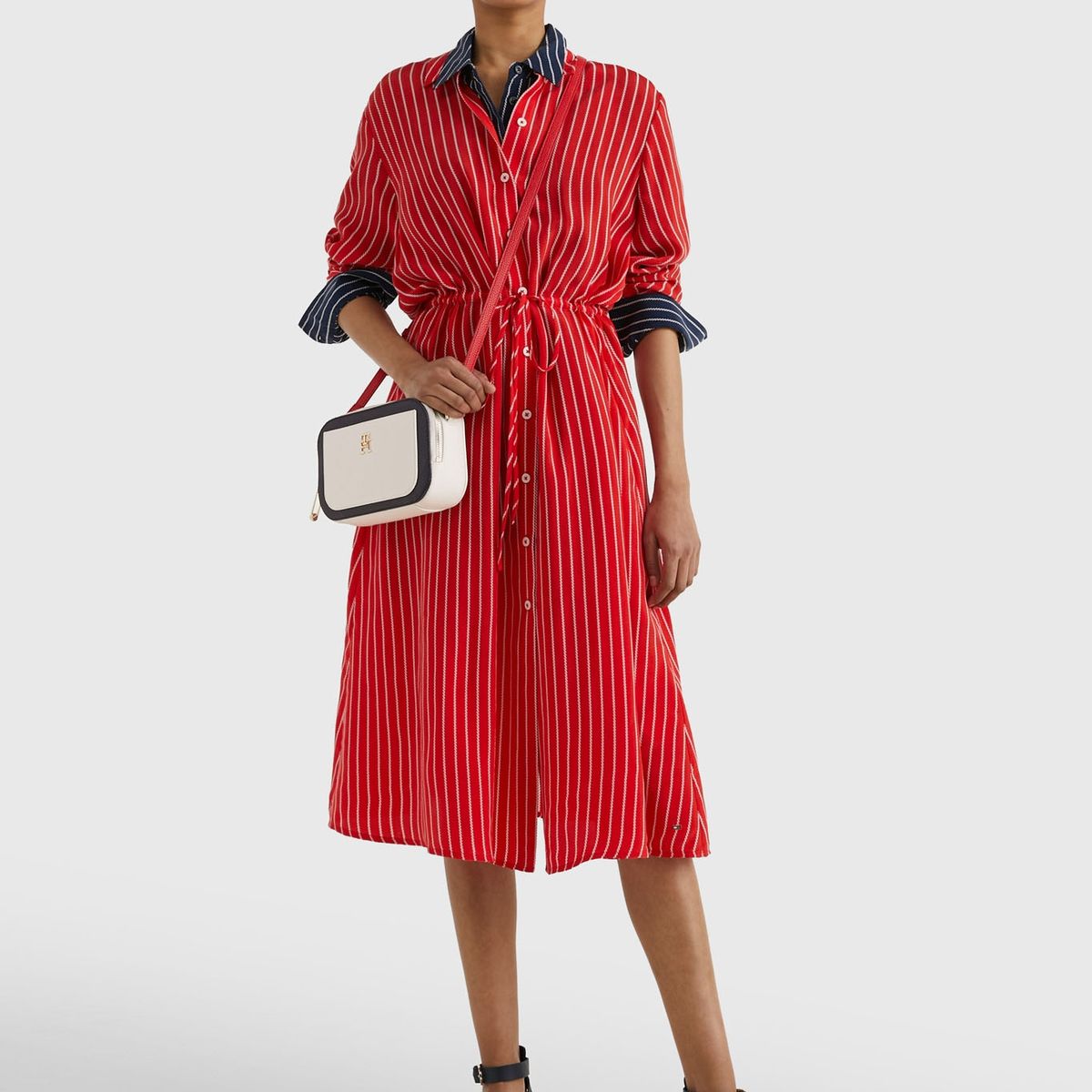 TOMMY HILFIGER - Vestido Camisero Midi A Rayas Rojo Tommy Hilfiger