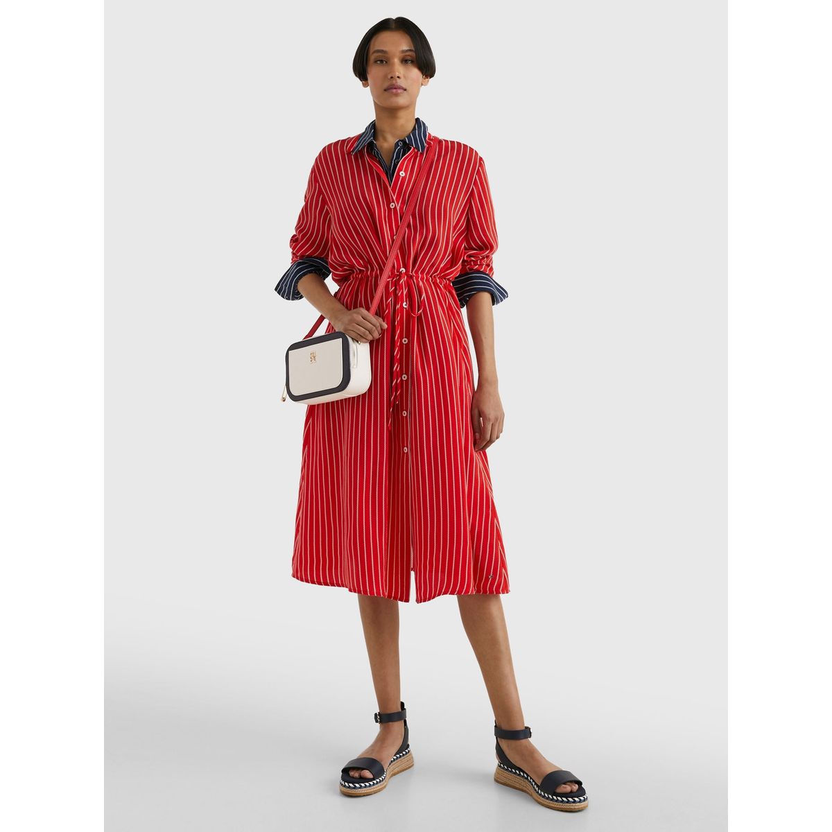 TOMMY HILFIGER - Vestido Camisero Midi A Rayas Rojo Tommy Hilfiger