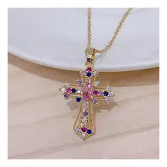 ZG JOYAS - Collar Cruz Dorado Cristales Zirconia Galvanizado En Oro 14k