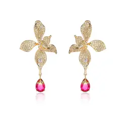 VANE COLLECTION - Aros para mujer pegado colgante fino flor baño rodio pavé circones dorados