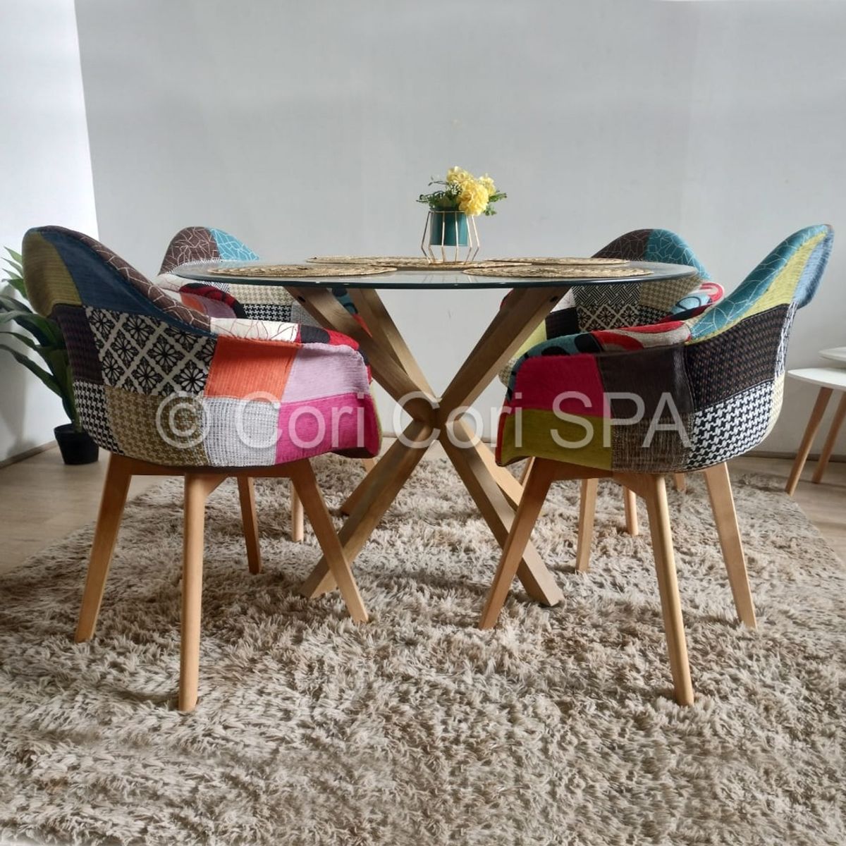 CORI CORI - Comedor Warwick 120cm + 4 Butacas Patchwork Wood Naranjete