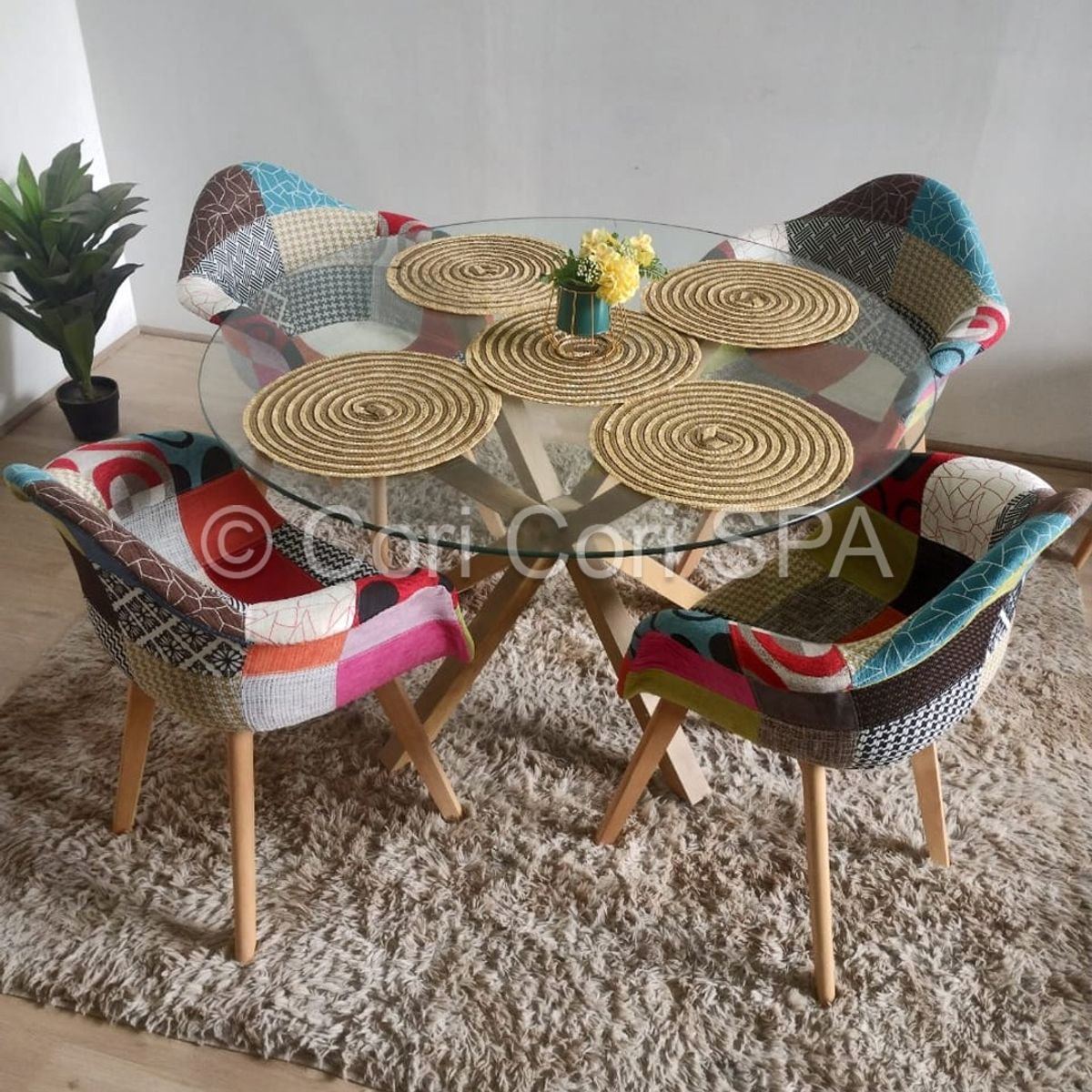CORI CORI - Comedor Warwick 120cm + 4 Butacas Patchwork Wood Naranjete