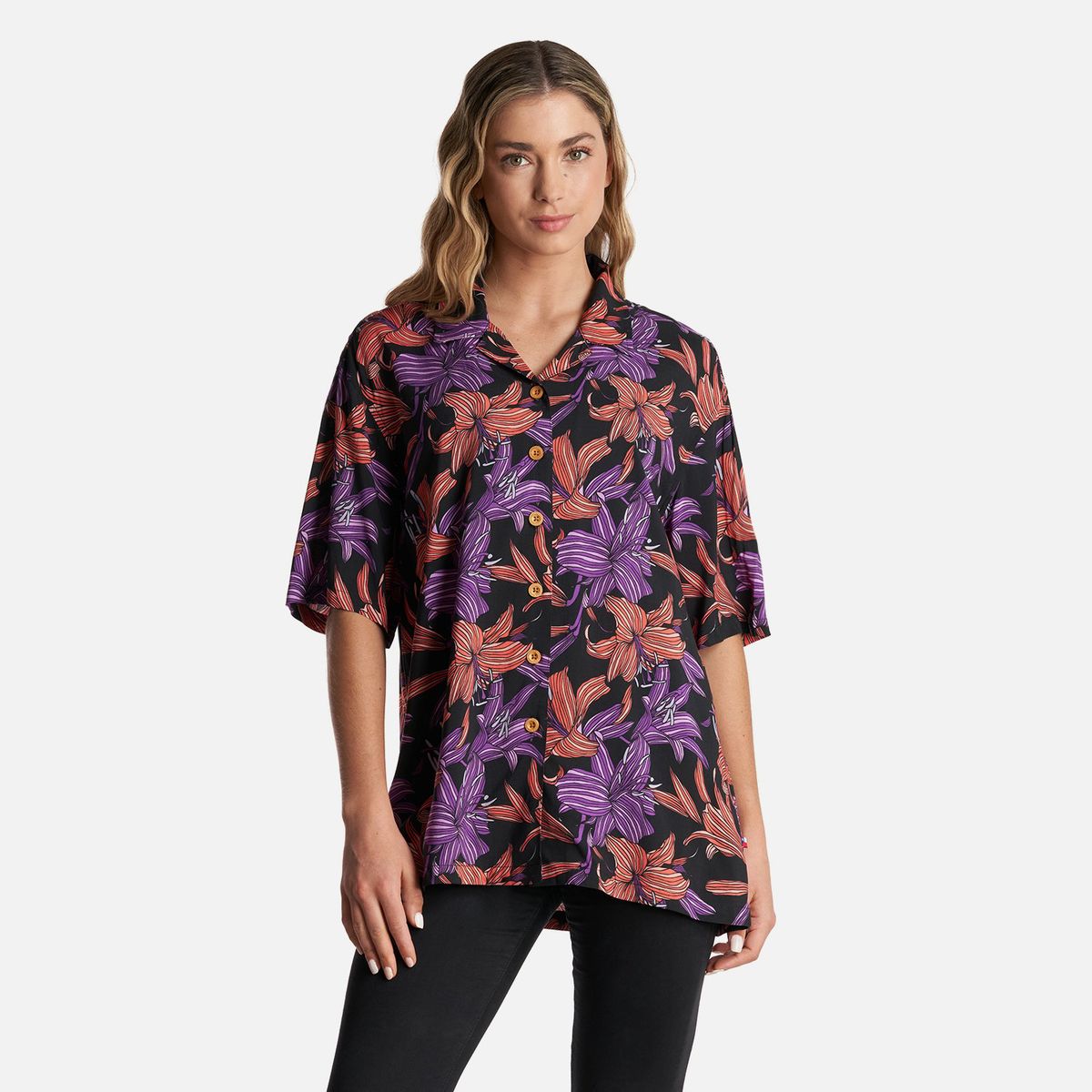 HAKA HONU - Camisa Mujer Hibiscus Print Negro Haka Honu