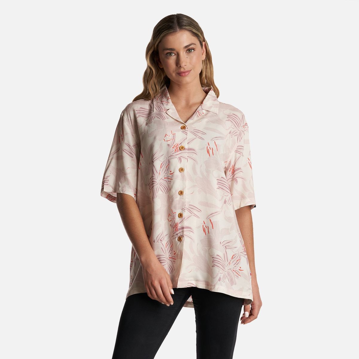 HAKA HONU - Camisa Mujer Hibiscus Print Beige Haka Honu