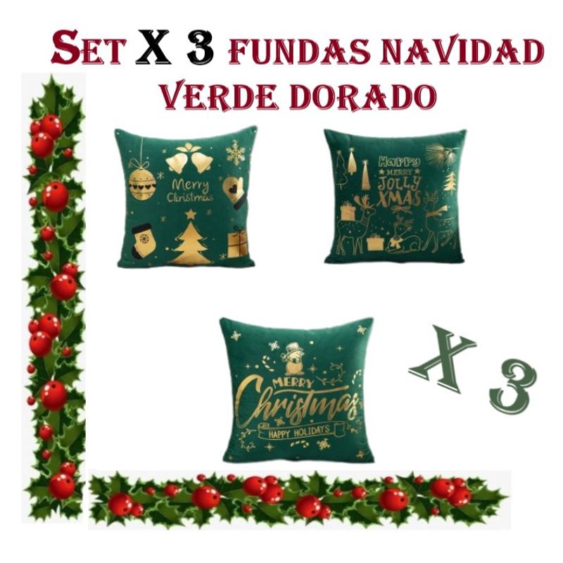 COMPRAPO - Set X 3 Fundas Cojín Navidad Verde Dorado Mod 5, 45x45 Cm.