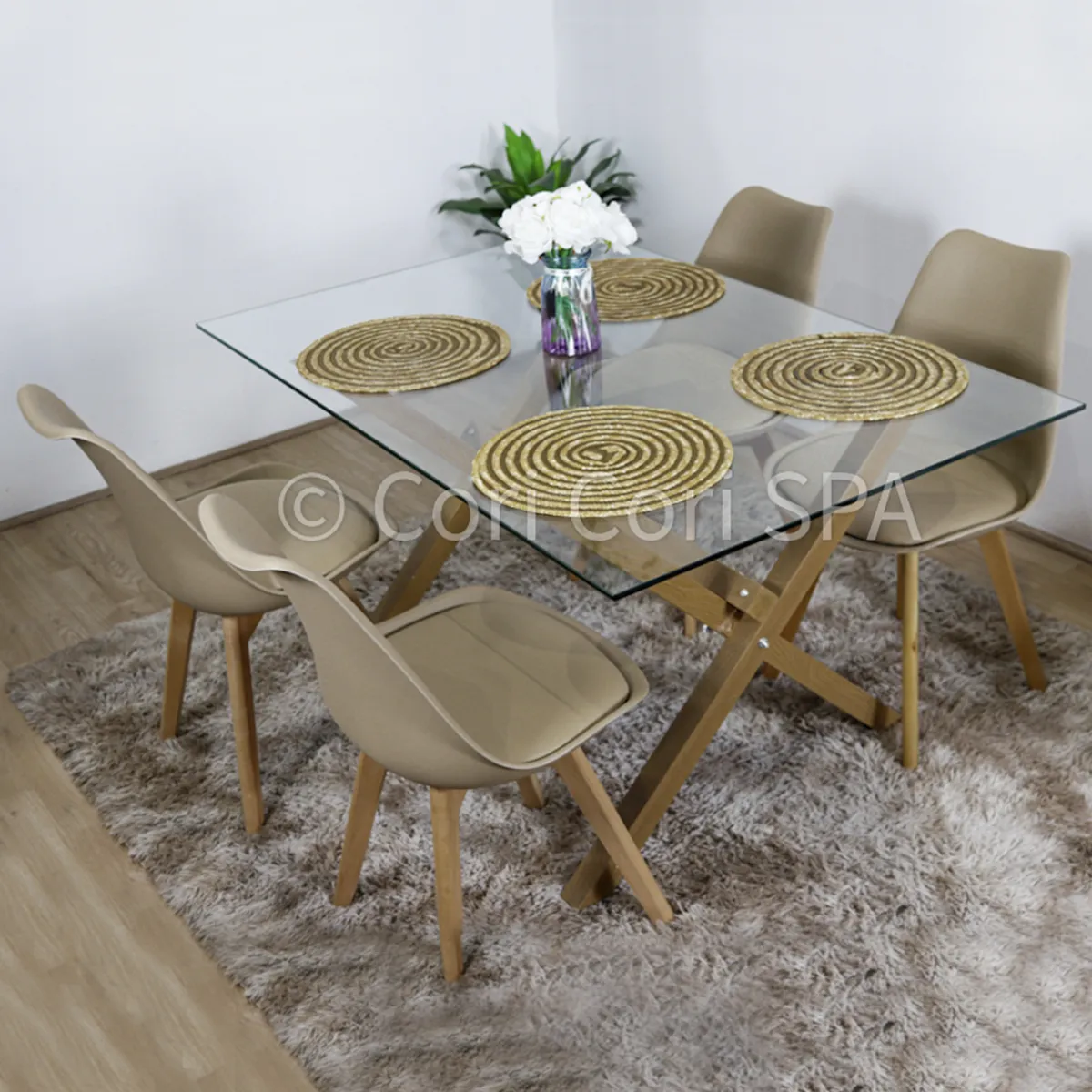 CORI CORI - Comedor Medlock Vidrio  140x90+ 4 Sillas Tulip Beige