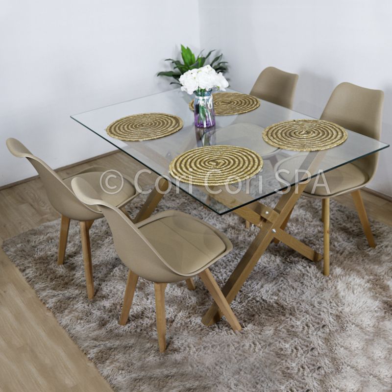 CORI CORI - Comedor Medlock Vidrio  140x90+ 4 Sillas Tulip acolchadas Beige