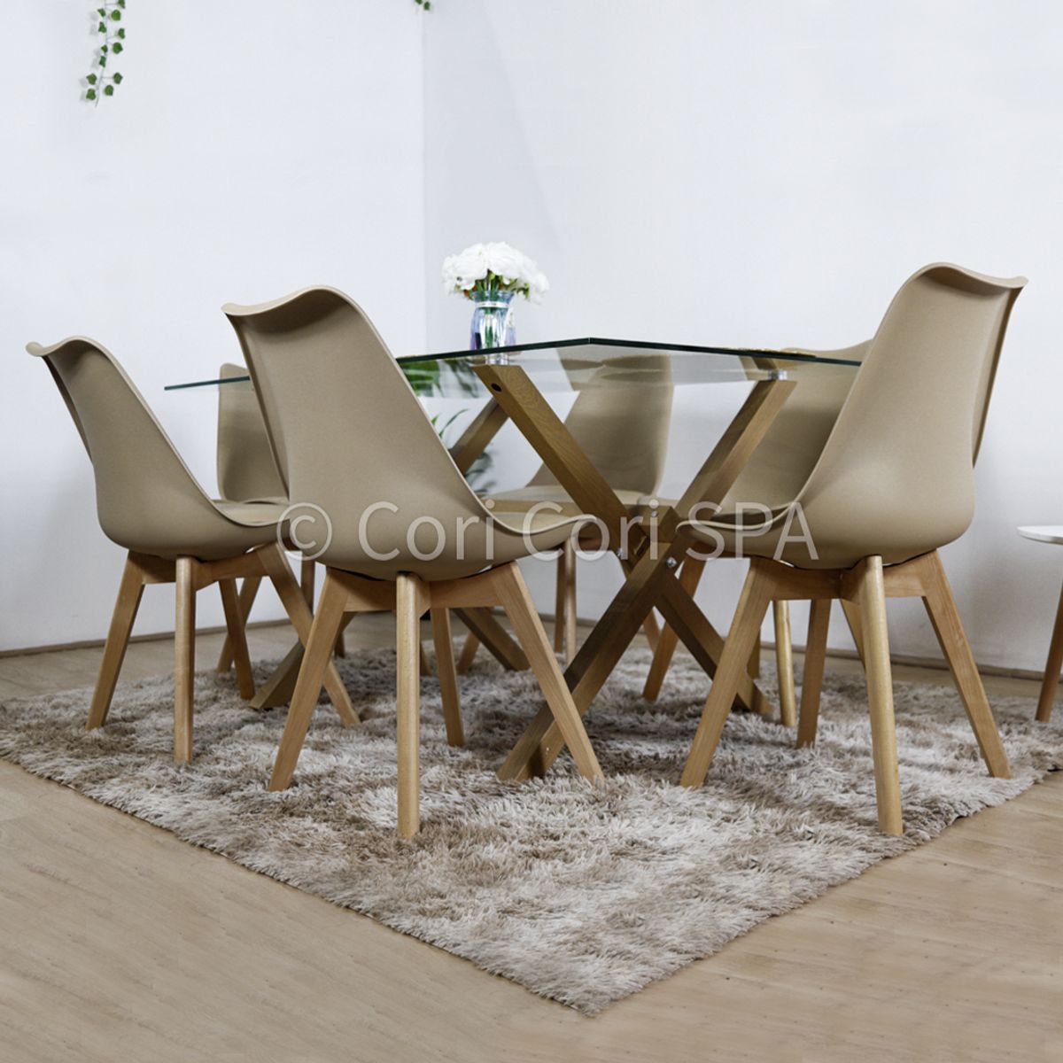 CORI CORI - Juego de Comedor Medlock Vidrio 140x90 + 6 Tulip Beige