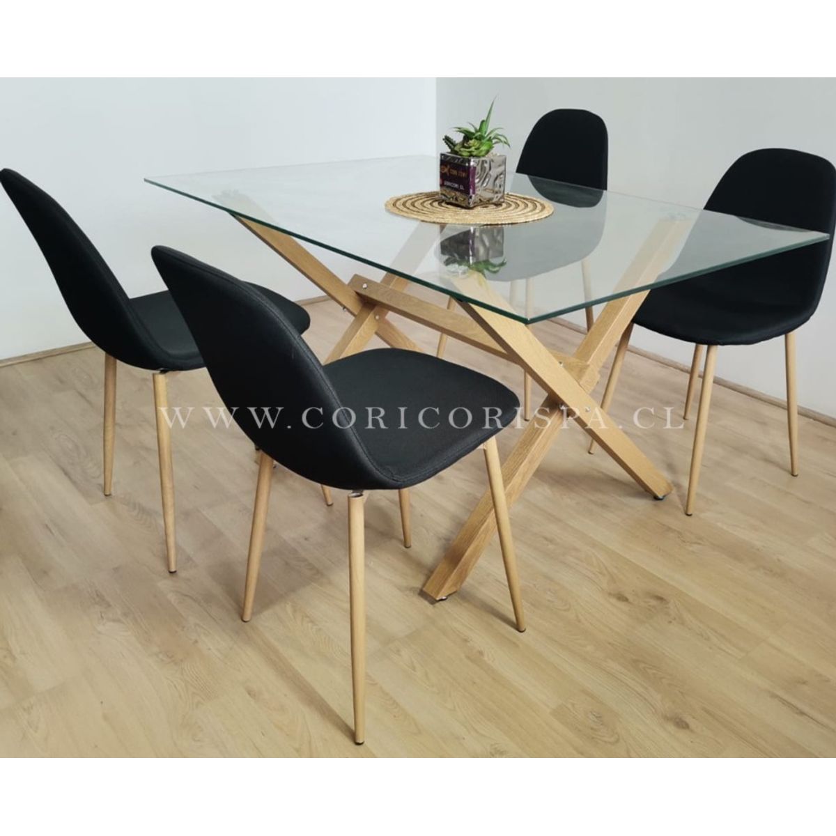 CORI CORI - Juego de Comedor Medlock Vidrio 140x90 + 4 Sillas Scoop