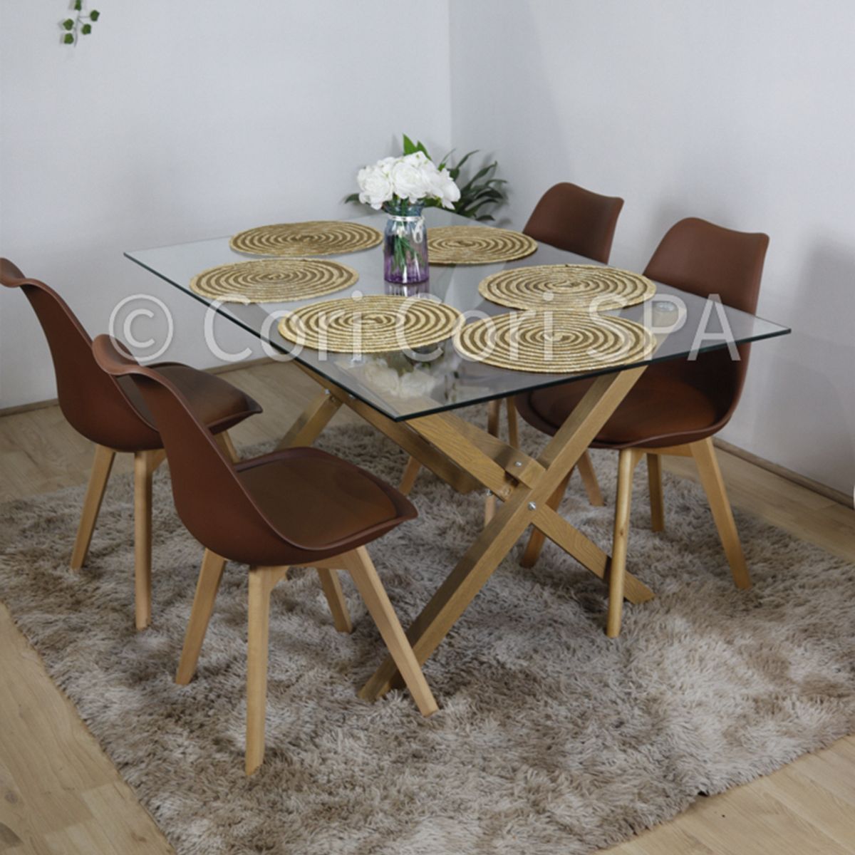 CORI CORI - Juego de Comedor Medlock Vidrio 140x90 + 4 tulip Chocolate