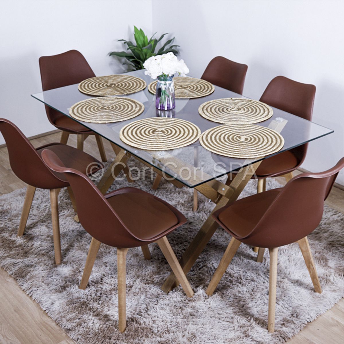 CORI CORI - Juego de Comedor Medlock Vidrio 140x90 + 6 Sillas Tulip Chocolate