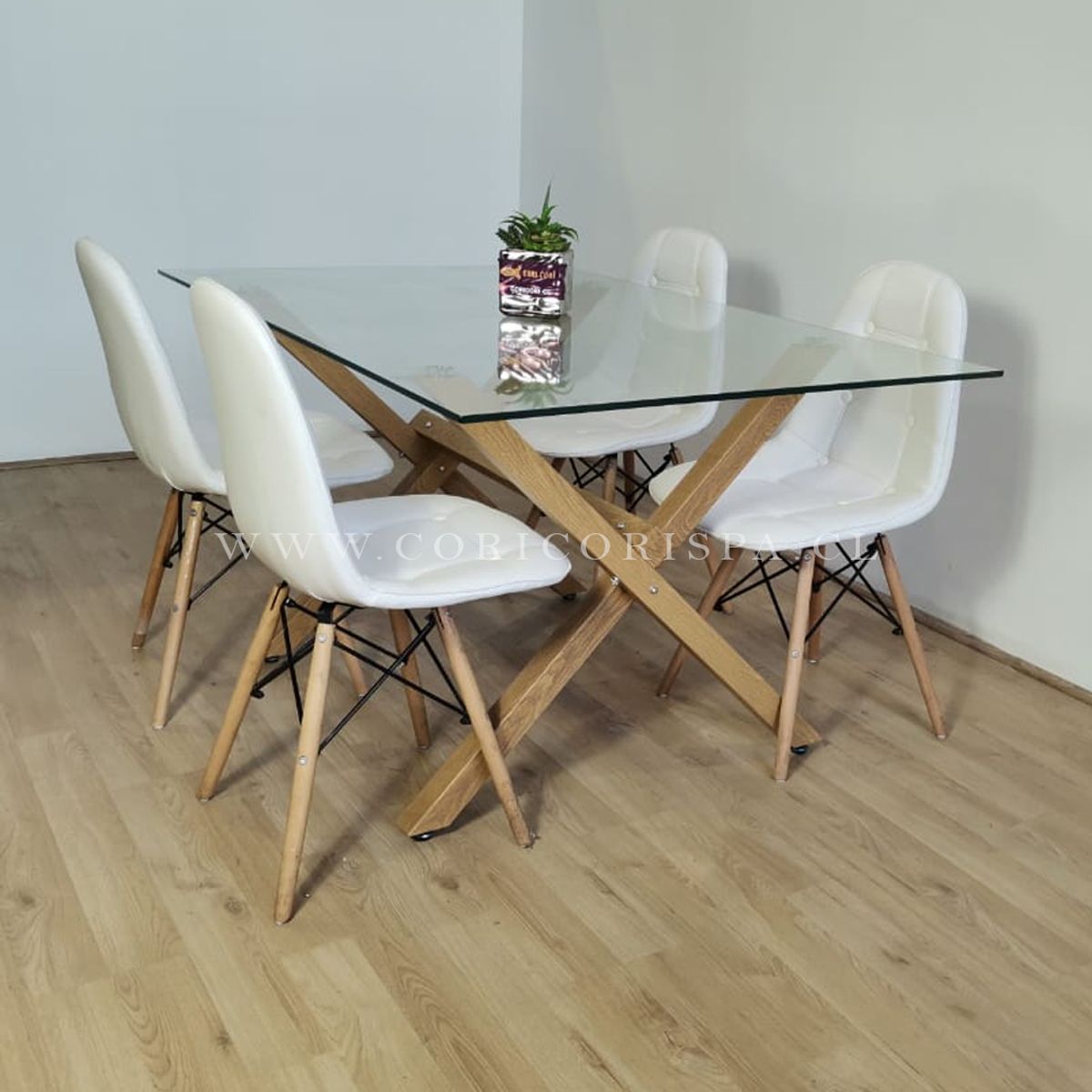 CORI CORI - Juego de Comedor Medlock Vidrio 140x90 + 4 Sillas Eames Capitonne Blanco
