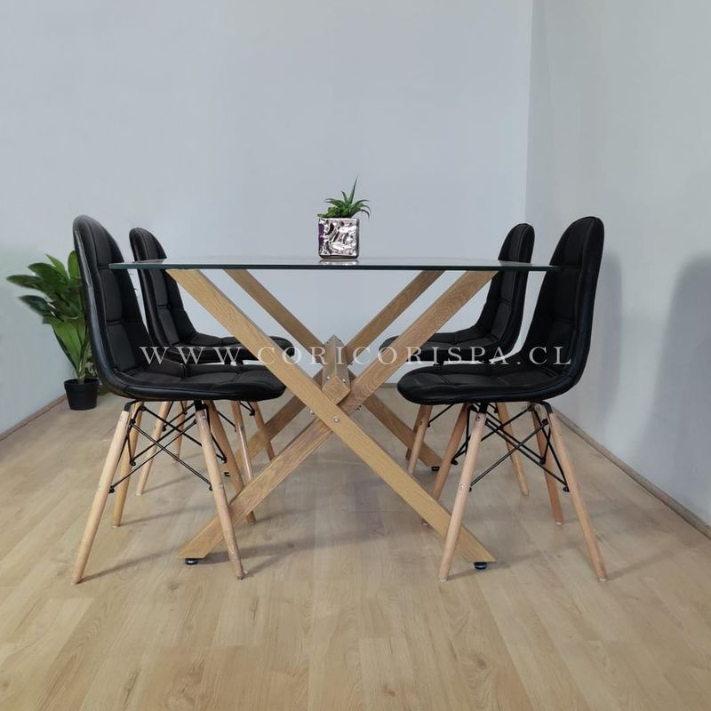 CORI CORI - Comedor Medlock Vidrio 140x90 + 4 Sillas Capitonné negro