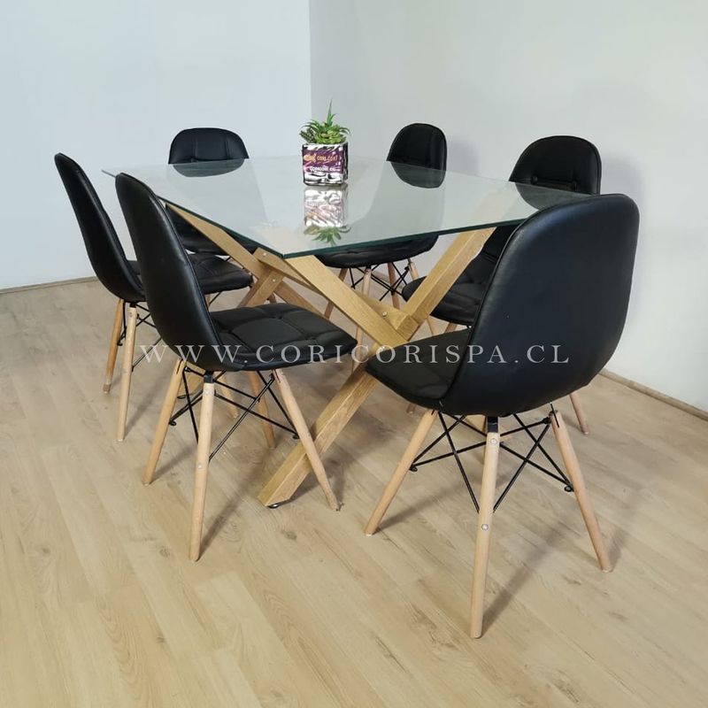 CORI CORI - Juego de Comedor Medlock 140x90 + 6 Silla Eames Capitonne Negro