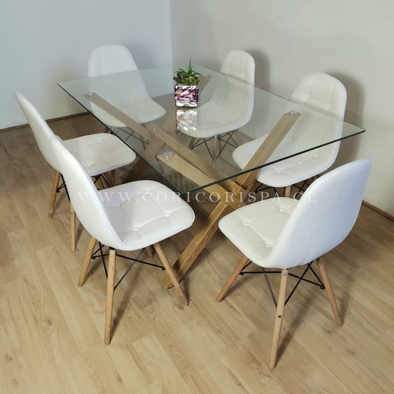 CORI CORI - Juego de Comedor Medlock Vidrio 140x90 + 6 Sillas Capitonné Blanca