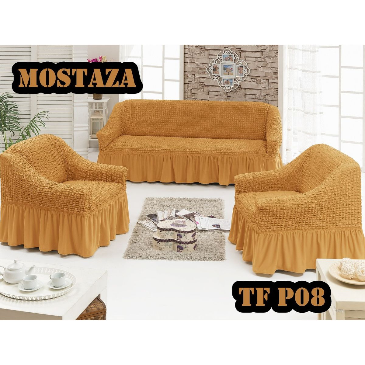 GENERICO - Cubre Sillon Turco para 3 cuerpos 3+1+1 Mostaza