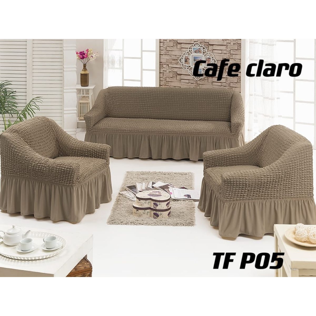 GENERICO - Cubre Sillon Turco para 3 cuerpos 3+1+1 Cafe Claro