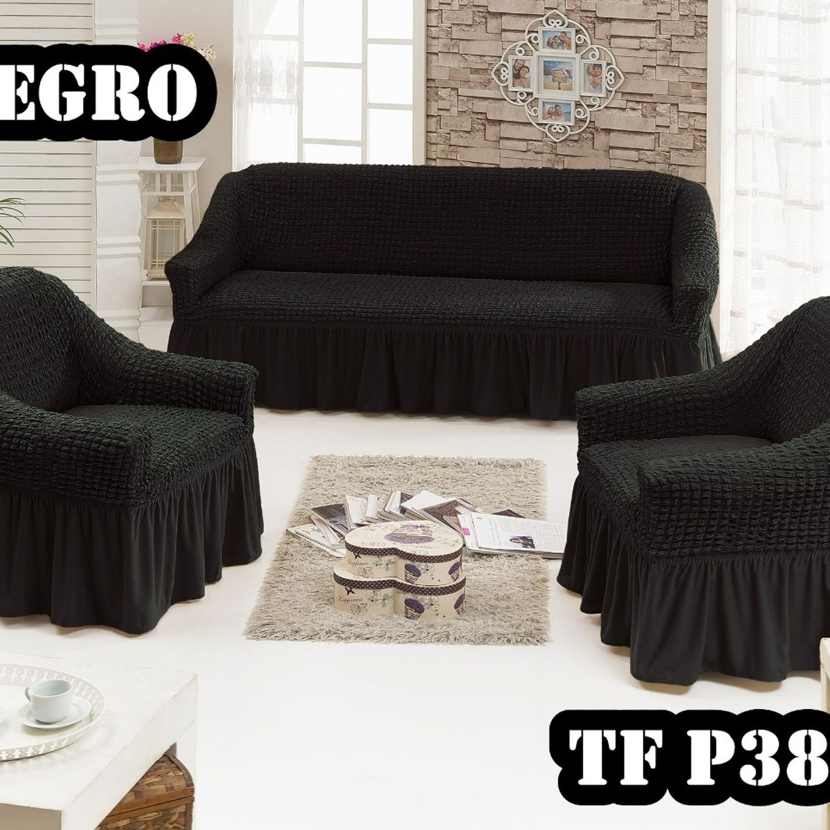 GENERICO - Cubre Sillon Turco para 3 cuerpos 3+1+1 Negro
