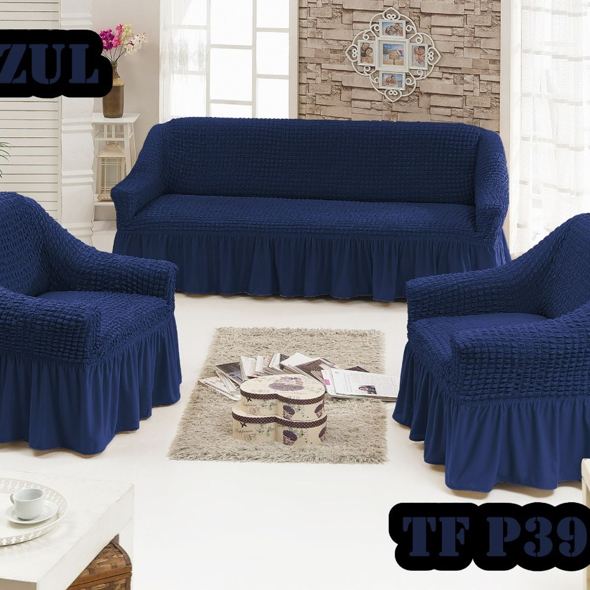 GENERICO - Cubre Sillon Turco para 3 cuerpos 3+1+1 Azul M