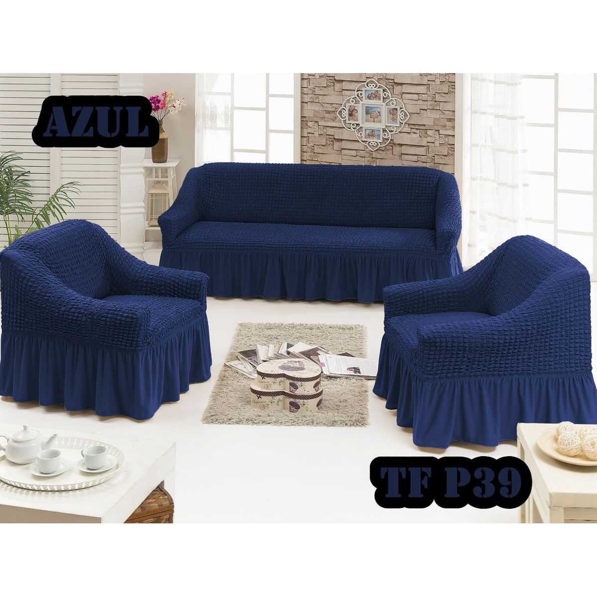 GENERICO - Cubre Sillon Turco para 3 cuerpos 3+1+1 Azul M