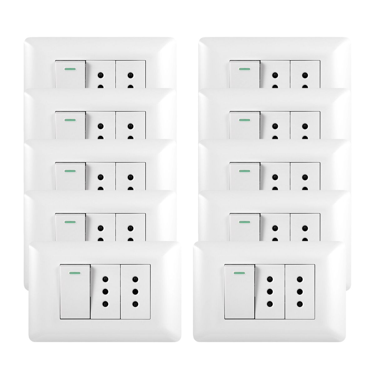 WANT - Pack 10 Tomacorriente Doble 10A + Interruptor Simple 9/12 10A 250V